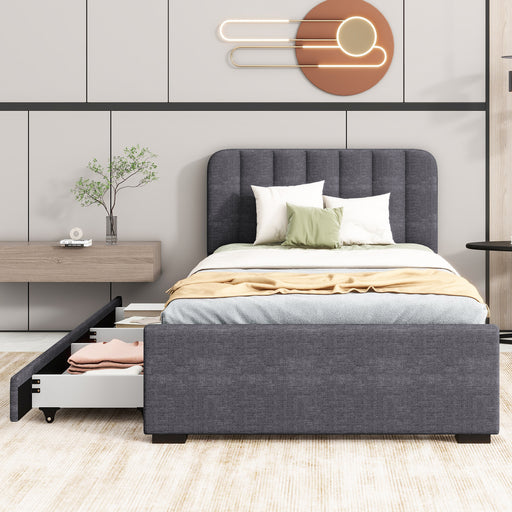 Twin Size Platform Bed Frame with 2 Storage Drawers and Headboard with USB, Linen Fabric Simple Style, Wooden Slats Support, No Box Spring Needed, Grey - DTYStore