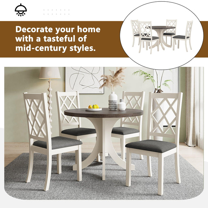 TOPMAX Mid-Century Solid Wood 5-Piece Round Dining Table Set, Kitchen Table Set with Upholstered Chairs for Small Places, Brown Table+Gray Chair