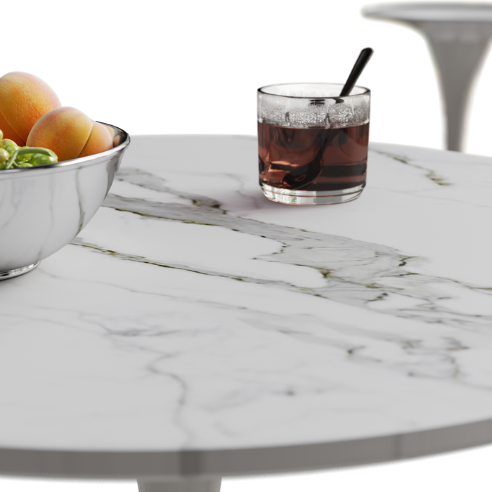 31.4 "round dining table, medieval white marble patterned tulip dining table, 2-3 person metal base dining table, easy to assemble casual coffee table, office desk - DTYStore