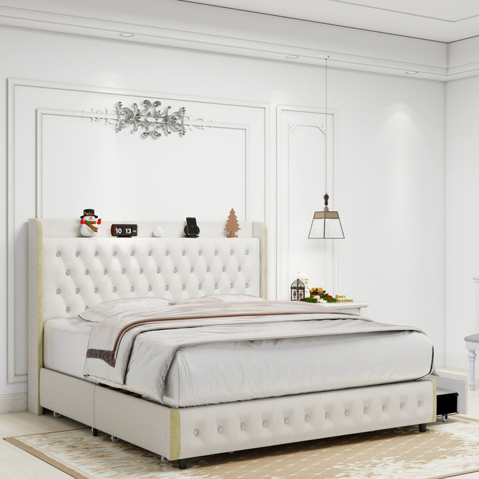 Queen size bed frame with 4 drawers, Star Projector Galaxy Light, Wingback Upholstered Headboard with Diamond Button, USB Charger and music speaker, PU Leather - DTYStore