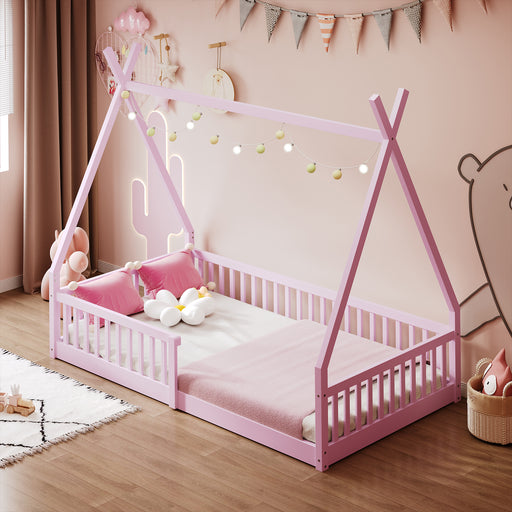 Twin Size Wood House Bed with Fence, Pink - DTYStore