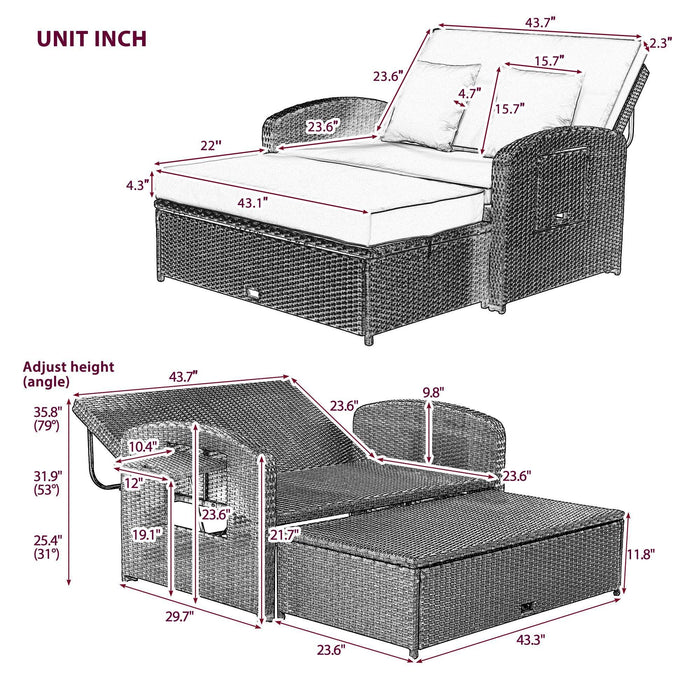 PE Wicker Rattan Double Chaise Lounge, 2-Person Reclining Daybed with Cushions and Cover