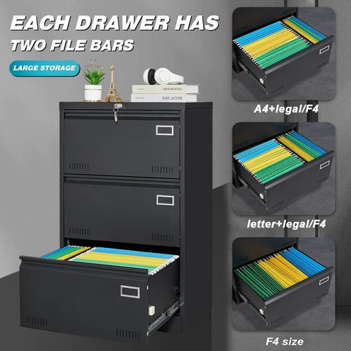 Filing Cabinet Lateral File Cabinet 3 Drawer, Blcak Locking Metal File Cabinets Three Drawer, Office Filing Cabinet with Lock Drawers for Home Office/Legal/Letter/A4/F4 - DTYStore