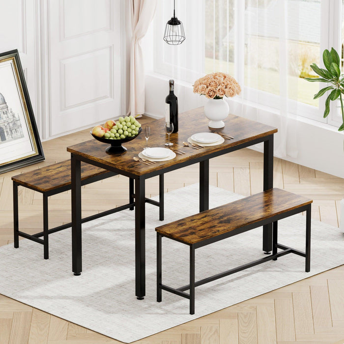 Dining Table Set, Bar Table with 2 Dining Benches, Kitchen Table Counter with Chairs, Industrial for Kitchen Breakfast Table, Living Room, Party Room, Rustic Brown and Black,43.3″L x23.6″W x 29.9″H