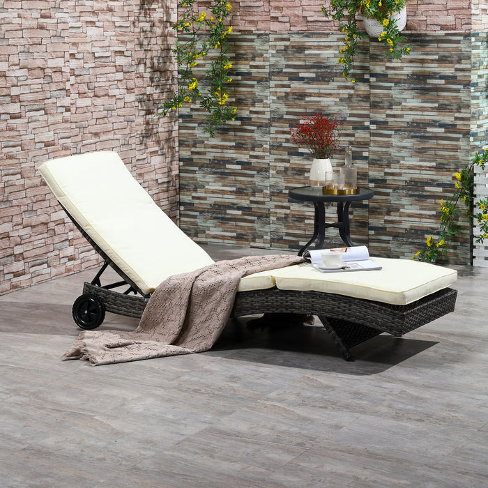 Outsunny Wicker Chaise Lounge Pool Chair, Outdoor PE Rattan Cushioned Patio Sun Lounger w/ 5-Level Adjustable Backrest & Wheels for Easy Movement, Cream White - DTYStore