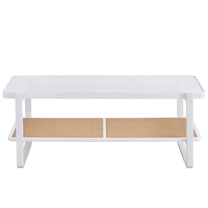 Modern Minimalist White Double Layered Solid Wood Coffee Table. Glass tabletop, imitation rattan edge table. Rectangular table suitable for living room, dining room, and bedroom