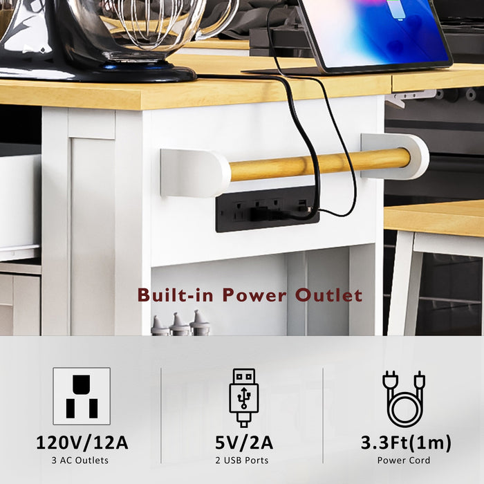 48inch Large Kitchen Island with 2 Bar Stools, Power Outlet, Door Internal Storage Rack, Kitchen Storage Cart on 5 Wheels with Drop Leaf, 5 Open Side Racks, 2 Drawers,for Kitchen,Dining Room,White - DTYStore