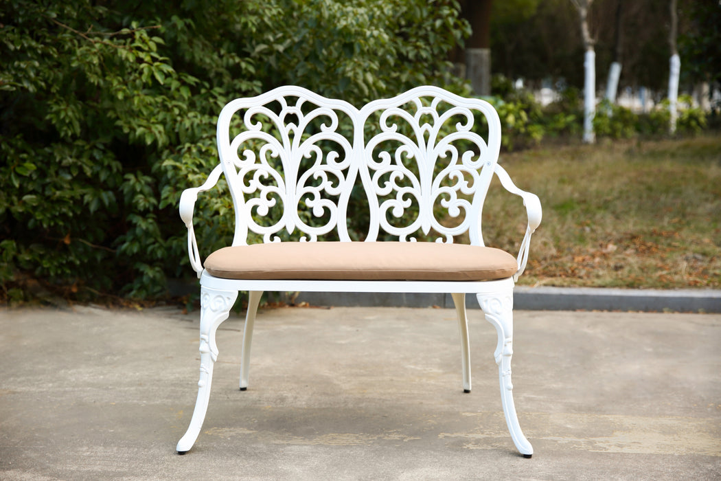 Patio Garden Bench Metal Park Bench Cast Aluminum Outdoor Furniture with Floral Rose for Patio,Park,Lawn,Yard with cushion white - DTYStore