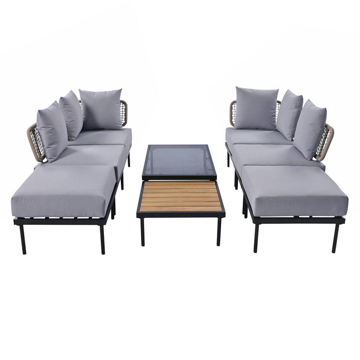 8-Piece Patio Sectional Sofa Set with Tempered Glass and Wooden Coffee Tables for Outdoor Oasis