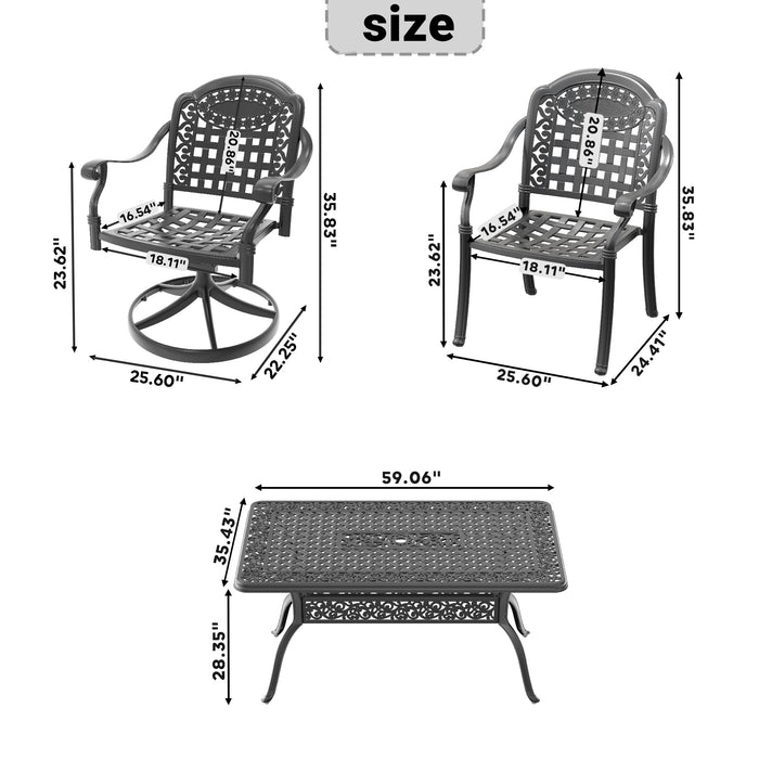 7-Piece All-Weather Cast Aluminum Dining Set, Include 2 Swivel Chairs,4 Dining Chairs and Rectangular Table With Black Frame - DTYStore