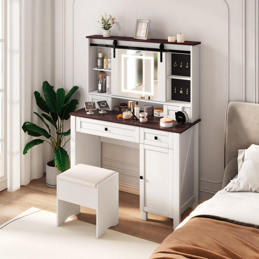 Farmhouse Makeup Vanity with Mirror and Lights,41.73" Wide Vanity Desk ,Vanity Table with 4 Drawers and 1 Cabinet,3 Color Modes, Dressing Table for Bedroom - DTYStore