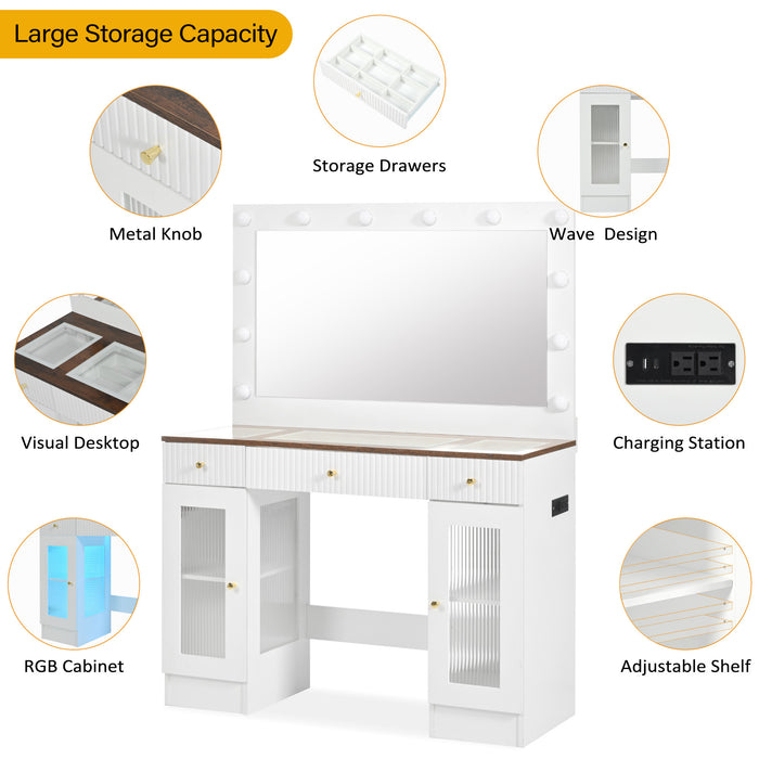 43.3' Vanity Desk with Large Mirror and Hollywood Bulbs, Modern Glass Top Makeup Vanity with Drawers and Power Outlet, Large Dressing Table with 3 Color Lighting Modes & RGB Cabinets for Bedroom - DTYStore