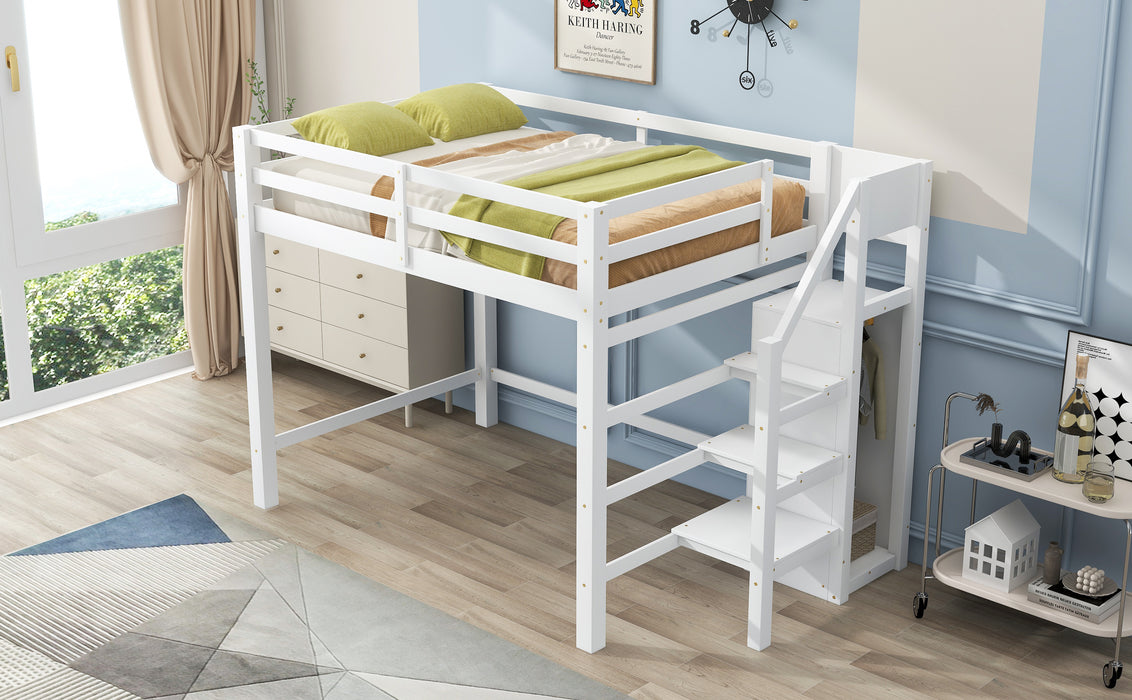 Full Size Loft Bed with Built-in Storage Wardrobe and Staircase, White(Old SKU:SM000527AAK) - DTYStore