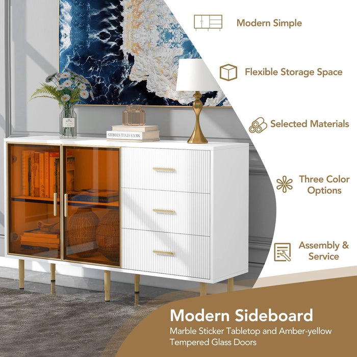 Modern Sideboard MDF Buffet Cabinet with Marble Sticker Tabletop and Glass Doors