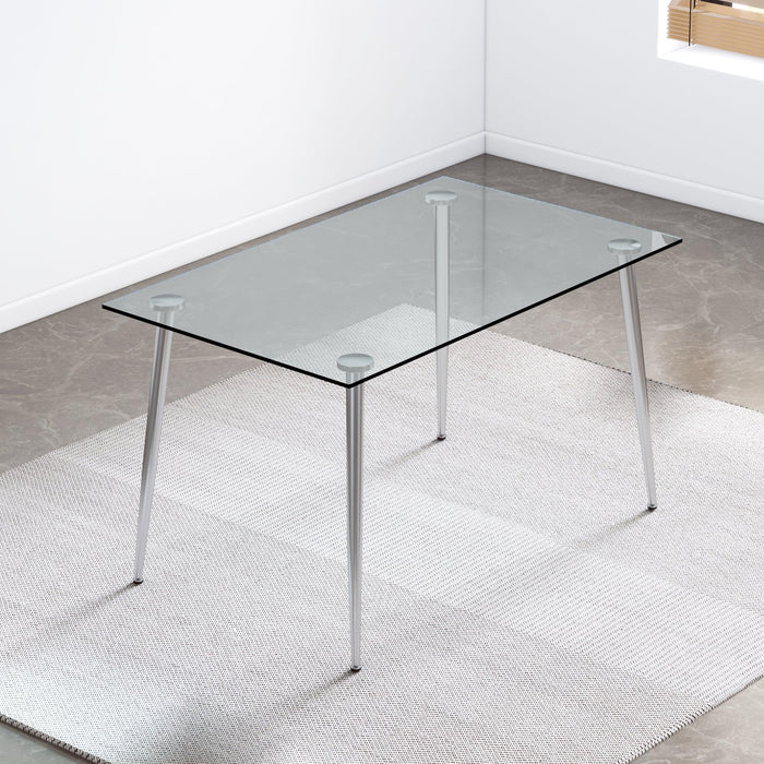 Modern Minimalist Rectangular Glass Dining Table for 4-6 with 0.31" Tempered Glass Tabletop and Silver plating Metal Legs, Writing Table Desk, for Kitchen Dining Living Room, 51" *31"* 30"