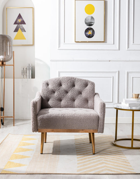 COOLMORE Modern Accent Chair with Arms, Tufted Decorative Fabric Armchair with Gold Metal Legs, Upholstered Reading Chair for Living Room Bedroom Office (Grey Teddy)