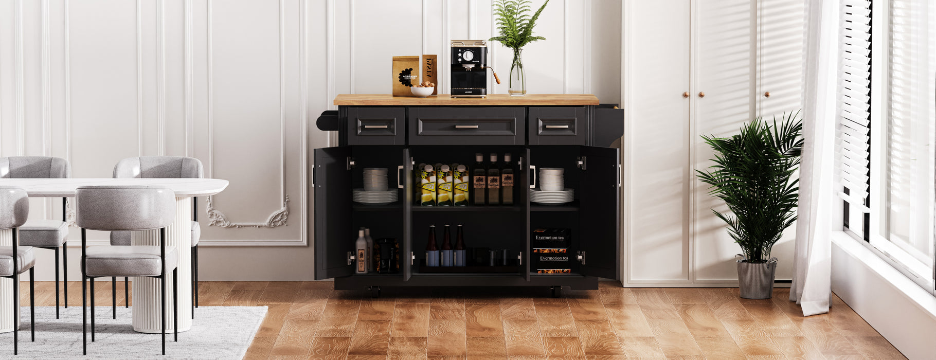 54inch Large Kitchen Island with Rubber Wood Drop Leaf, Embossed Texture Rolling Kitchen Cart on 4 Wheels with 4 Doors and 3 Drawers, Kitchen Island with Storage for Kitchen, Dining Room,Black - DTYStore