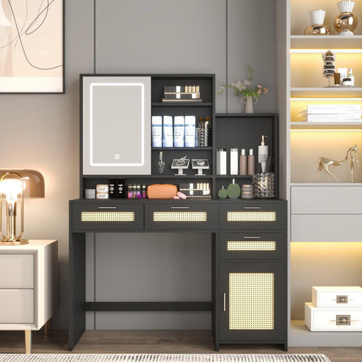 Makeup Vanity with Lights in 3 Colors & Openable Mirror, Vanity Desk with 4 Drawers & 1 Cabinets & Shelves, Vanity Table Rattan Vanity Dresser, for Bedroom - DTYStore