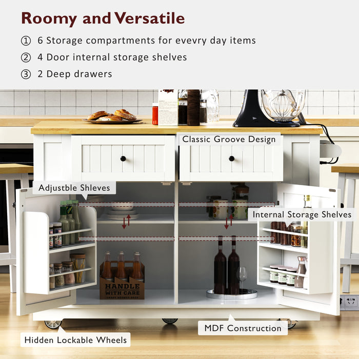 48inch Large Kitchen Island with 2 Bar Stools, Power Outlet, Door Internal Storage Rack, Kitchen Storage Cart on 5 Wheels with Drop Leaf, 5 Open Side Racks, 2 Drawers,for Kitchen,Dining Room,White - DTYStore