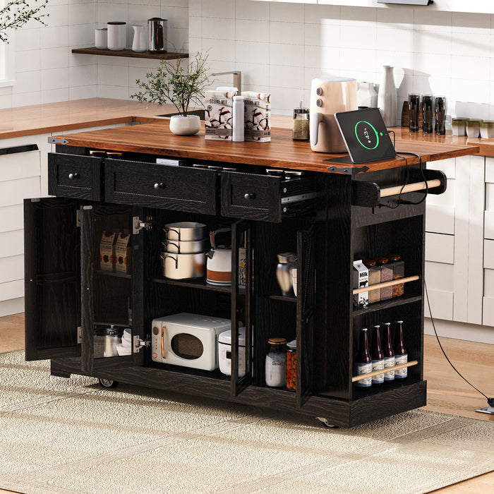 53'' Farmhouse Kitchen Island with Two Tempered Glass Cabinet Doors, Power Outlet, Rolling Kitchen Cart on Wheels with Drop Leaf, 5 Open Side Racks, 3 Drawers, for Kitchen, Dining Room, Black - DTYStore