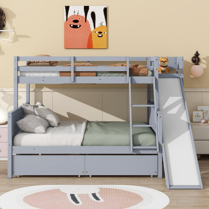 Twin over Full Bunk Bed with 2 Drawers, Slide, Shelves, Ladder, Rubber Wood Bunk Bed with Slide, Drawers,Grey(Old Sku:W504S00061) - DTYStore