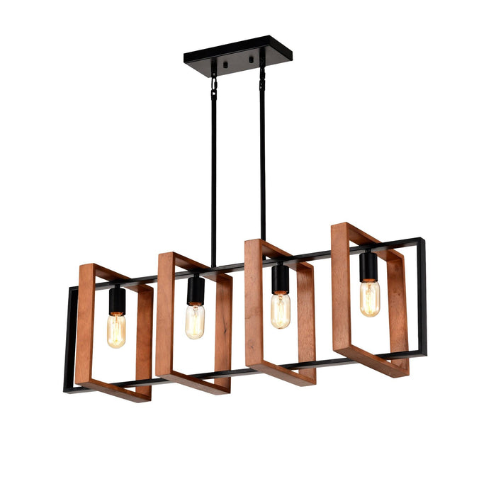 4-Light Kitchen Island Lights Pendant Light Farmhouse Dining Room Light Fixture, Rustic Wood and Black Metal Rectangular Chandelier, 36" Hanging Lighting for Living Room,Conference Room, Home Office