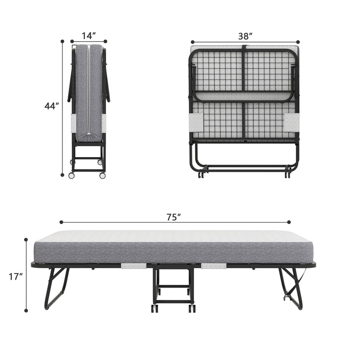 Folding Bed with Mattress 75" x 38" Rollaway Guest Bed Portable Foldable Bed for Adults with 5" Memory Foam Mattress Space-Saving Sturdy Metal Frame Grid Style - DTYStore