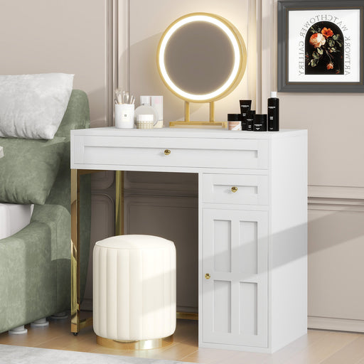 31.5'' Makeup Vanity Desk with Lighted Mirror, Luxury Dressing Table with 2 Drawers and 1 Cabinet, 3 Lighting Modes Available for Bedroom, White-Gold - DTYStore