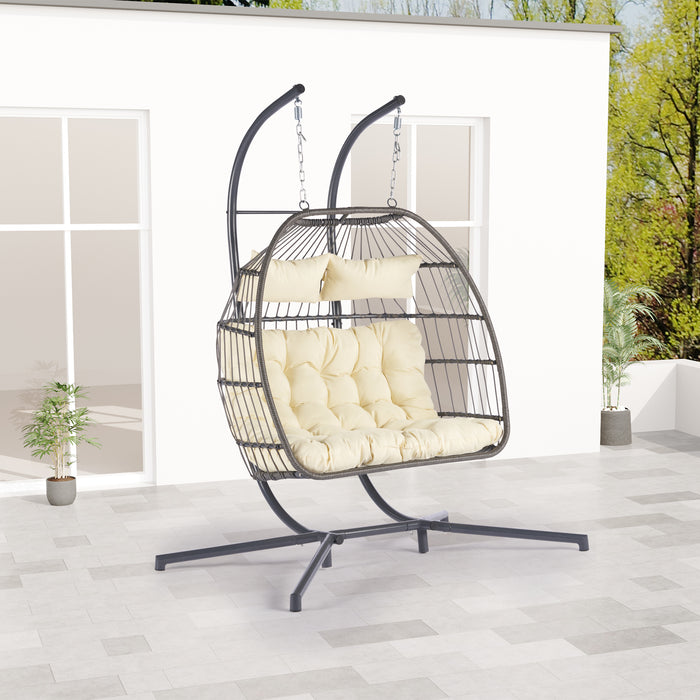 2 Person Outdoor Rattan Hanging Chair Patio Wicker Egg Chair - DTYStore