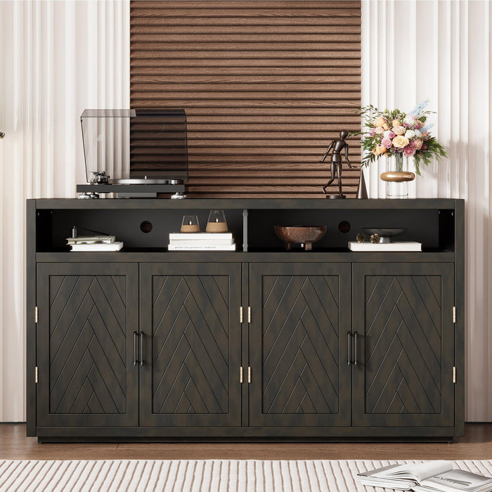 TREXM 4-door Classic Sideboard with Open Storage and Adjustable Shelves Perfect for kitchens, living rooms (Grey Brown)