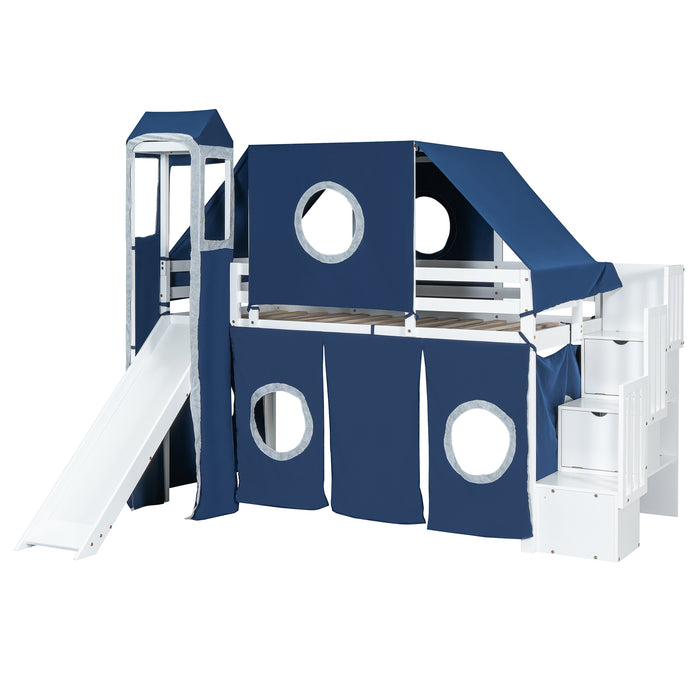 Twin Size Loft Bed with Tent and Tower - Blue - DTYStore