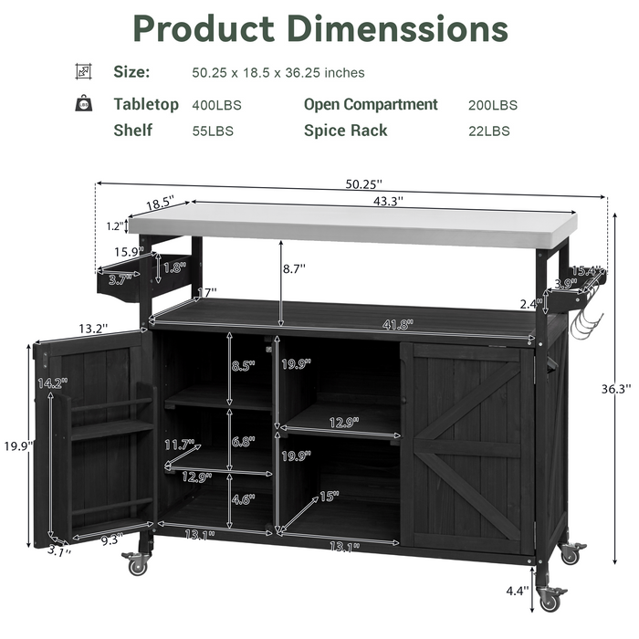 Outdoor Kitchen Island, Rolling Bar Cart & Storage Cabinet, Farmhouse Solid Wood Outdoor Grill Table with Stainless Steel Top, Spice Rack , Towel Rack for Kitchen & Barbecue, Black - DTYStore