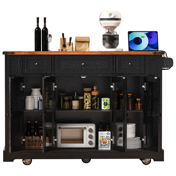 53'' Farmhouse Kitchen Island with Two Tempered Glass Cabinet Doors, Power Outlet, Rolling Kitchen Cart on Wheels with Drop Leaf, 5 Open Side Racks, 3 Drawers, for Kitchen, Dining Room, Black - DTYStore