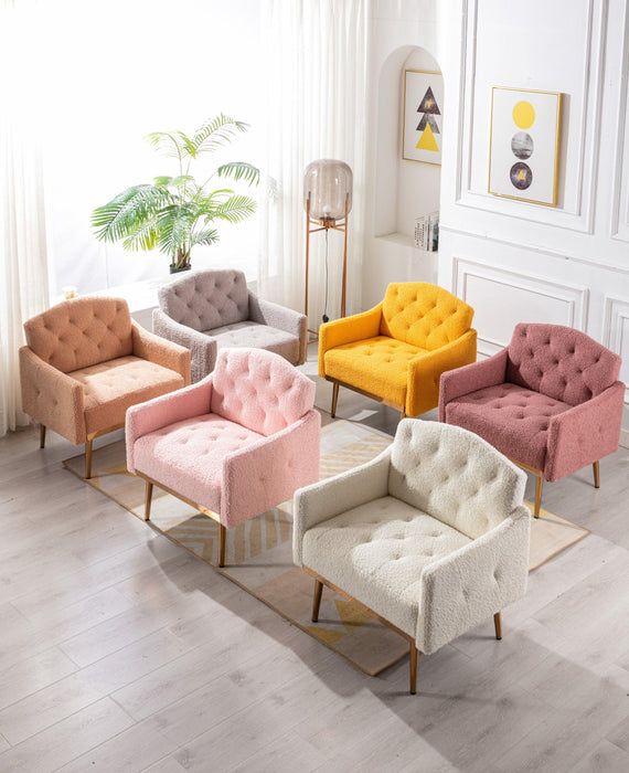 COOLMORE Modern Accent Chair with Arms, Tufted Decorative Fabric Armchair with Gold Metal Legs, Upholstered Reading Chair for Living Room Bedroom Office (Brush Pink Teddy)