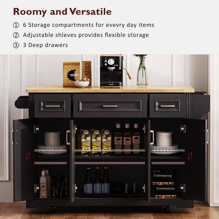 54inch Large Kitchen Island with Rubber Wood Drop Leaf, Embossed Texture Rolling Kitchen Cart on 4 Wheels with 4 Doors and 3 Drawers, Kitchen Island with Storage for Kitchen, Dining Room,Black - DTYStore