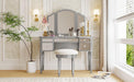 GO 43" Dressing Table Set with Mirrored Drawers and Stool, Tri-fold Mirror, Makeup Vanity Set for Bedroom, Silver