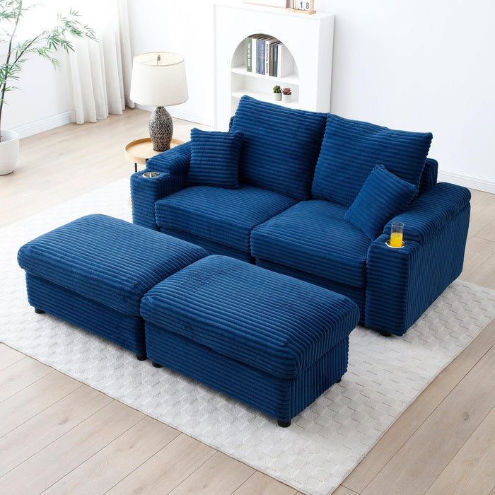 Loveseat with Ottomans,Corduroy Fabric Modular Sectional Sofa,Comfy Deep Plush Couch with Ottomans and Two Pillows,for Small Spaces, Living Room,Bedroom, Office, 5 Colors,Blue