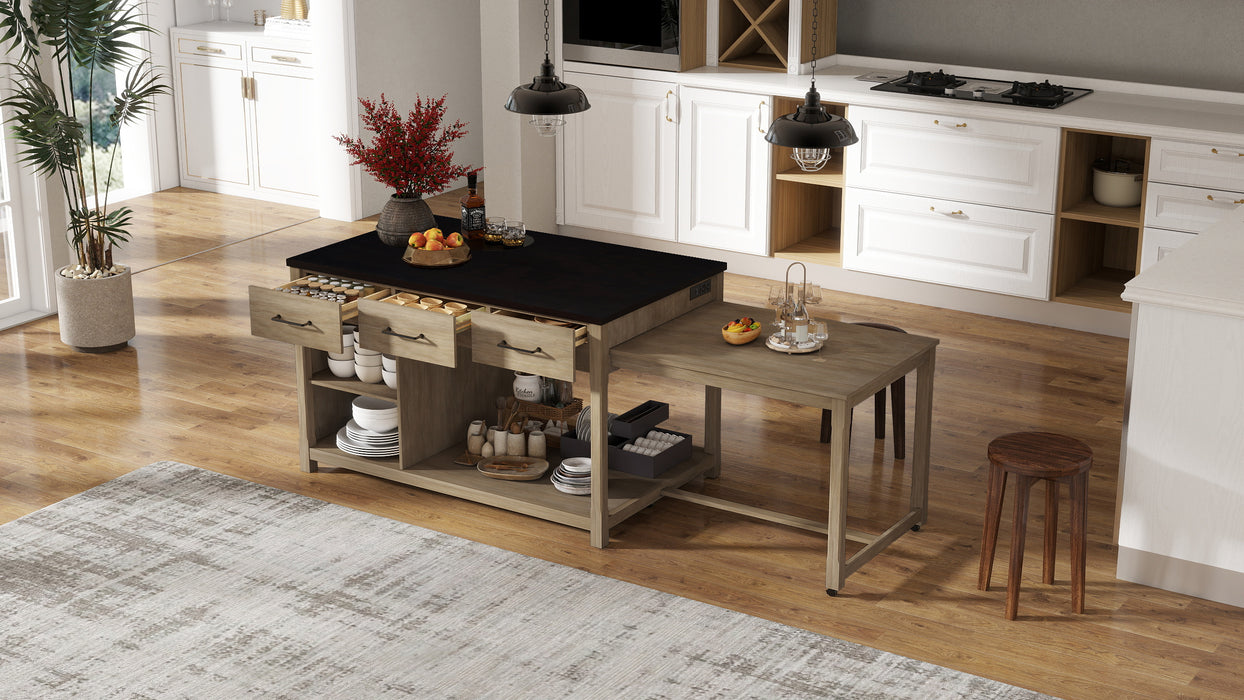 Extendable Kitchen Island with Storage, Multi-Functional Kitchen Cart with Built-In Power Outlets, Retro Kitchen Island on Wheels with Drawers and Open Shelves for Kitchen (Espresso+Natural) - DTYStore