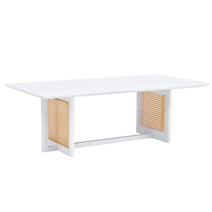 Chinese style white solid wood and imitation rattan coffee table, rectangular solid wood coffee low table, small living room coffee table