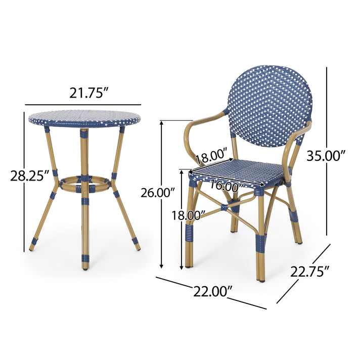 Outdoor PE Rattan and Aluminum 3 Piece French Bistro Set, Dark Teal & White, and Bamboo Finish - DTYStore