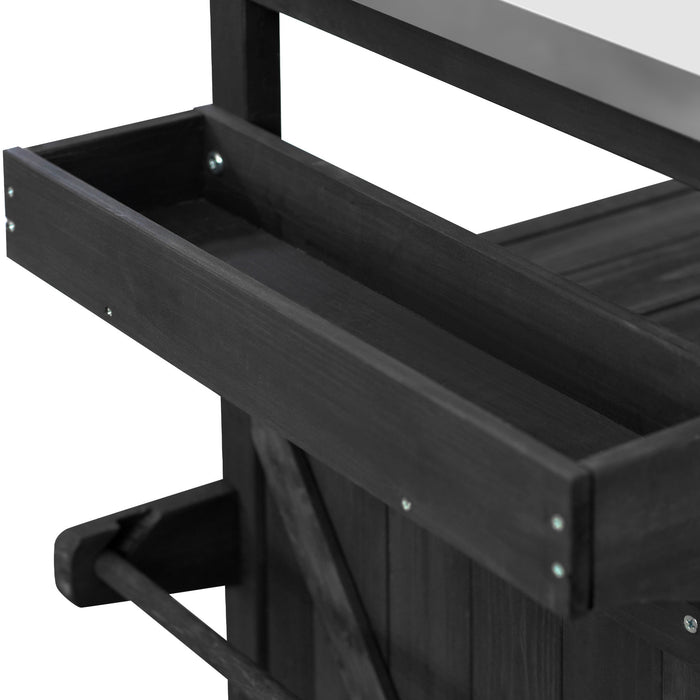 Outdoor Kitchen Island, Rolling Bar Cart & Storage Cabinet, Farmhouse Solid Wood Outdoor Grill Table with Stainless Steel Top, Spice Rack , Towel Rack for Kitchen & Barbecue, Black - DTYStore