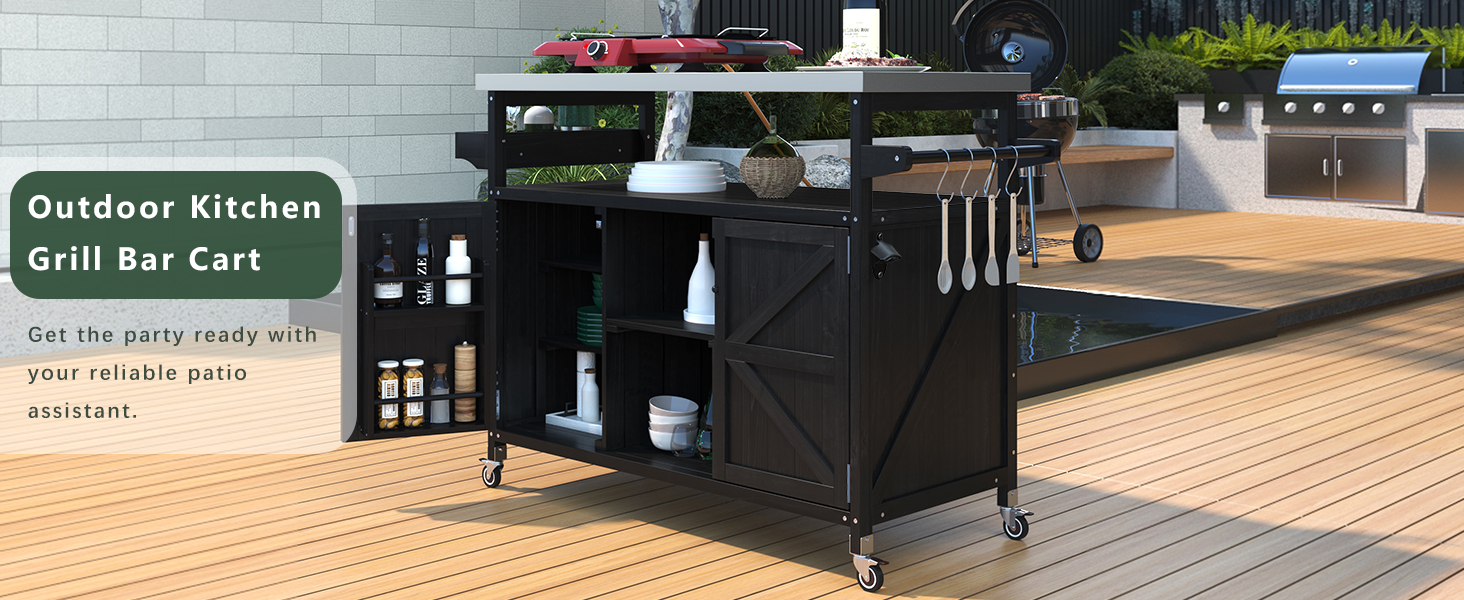Outdoor Kitchen Island, Rolling Bar Cart & Storage Cabinet, Farmhouse Solid Wood Outdoor Grill Table with Stainless Steel Top, Spice Rack , Towel Rack for Kitchen & Barbecue, Black - DTYStore