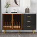 TREXM Modern Sideboard MDF Buffet Cabinet Marble Sticker Tabletop and Amber-yellow Tempered Glass Doors with Gold Metal Legs & Handles (Black)