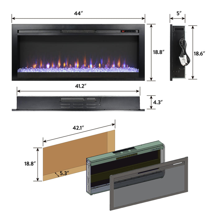 44 inch in wall recessed electric fireplace with remote and multi color flame & emberbed, LED light heater - DTYStore