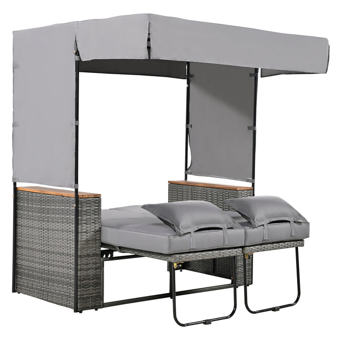 2-Piece Outdoor Rattan Daybed, Outdoor Bed with 5 Positions, Outdoor Loveseat Patio Sofa with Bench Lounge Roof Set and Cushions for Poolside, Backyard and Garden (Grey Wicker + Grey Fabric) - DTYStore