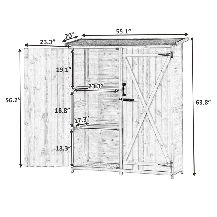 Outdoor Wood Storage Shed Tool Organizer, Garden Shed, Storage Cabinet with Waterproof Roof, Double Lockable Doors, 3-tier Shelves for Backyard