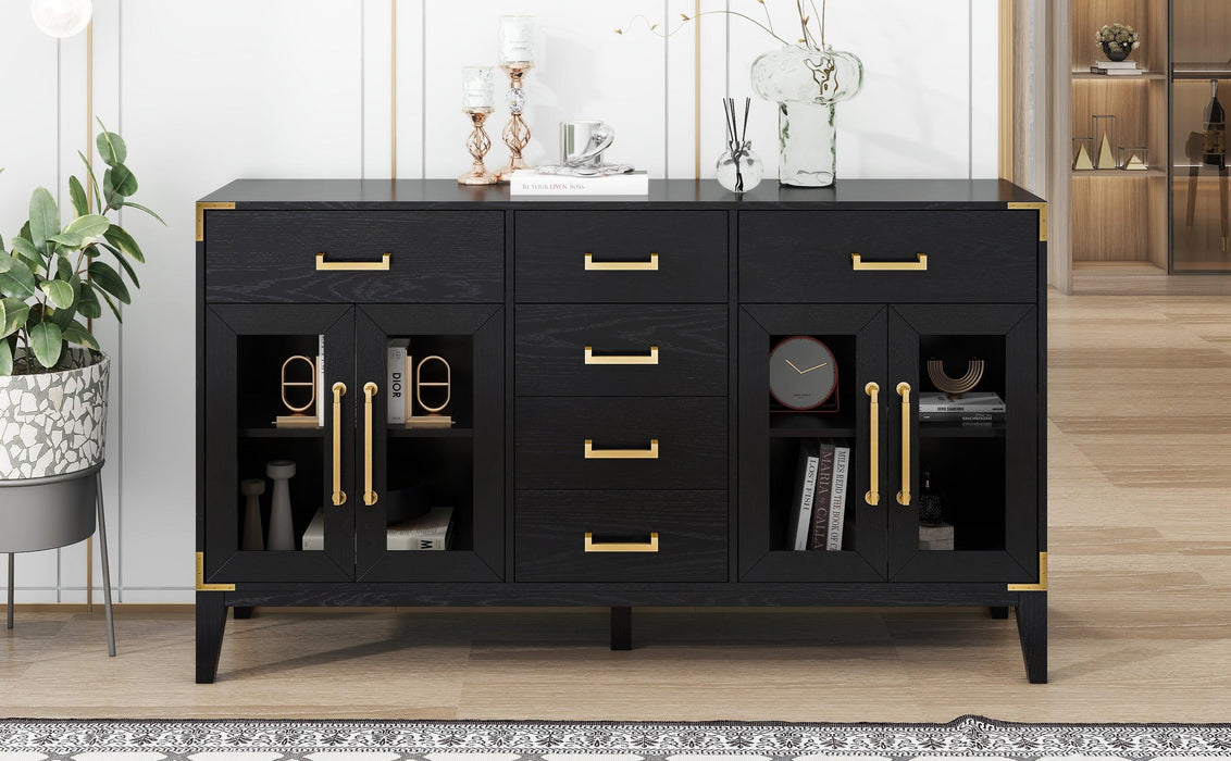 6-drawer and 2-Cabinet Retro Sideboard with Extra Large Storage Space and Gold Handles