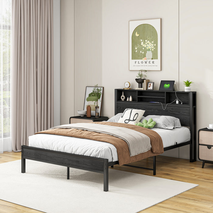 Full Size Bed Frame with Storage Headboard, Metal Platform Bed with Charging Station, Bookcase Storage, No Box Spring Needed, Easy Assembly, Noise-Free, Black - DTYStore