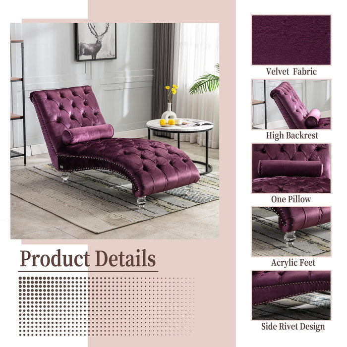 COOMORE Velvet Chaise Lounge Indoor,Button-Tufted Upholstered Chaise Lounge Chair with Pillow for Bedroom Living Room Office (Purple Velvet)