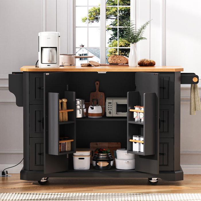 56 inch Kitchen Island with Rubber Wood Veneer Drop Leaf, Power Outlet, 4 Door Shelves, Embossed Vertical Stripe Rolling Kitchen Cart on 4 Wheels with 6 Deep Drawers for Kitchen, Dining Room,Black - DTYStore